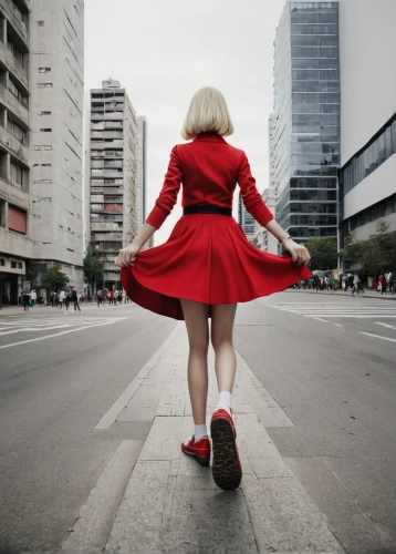 man in red dress,red shoes,red coat,lady in red,girl walking away,red skirt,woman walking,girl in red dress,red cape,red milan,red-hot polka,poppy red,a pedestrian,red dress,red tunic,two-point-ladybug,cosplay image,red riding hood,pedestrian,blonde woman,Photography,Documentary Photography,Documentary Photography 04