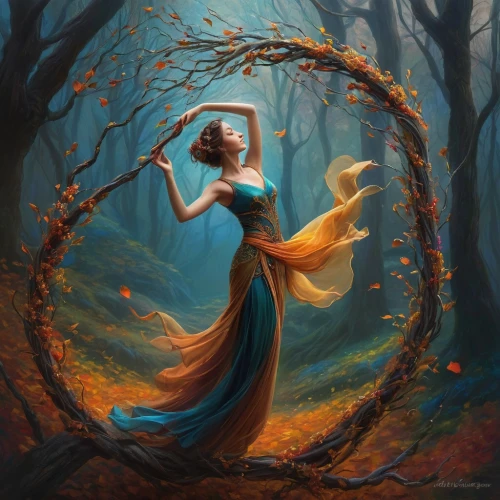 ballerina in the woods,fantasy picture,girl with tree,fantasy portrait,throwing leaves,faerie,mystical portrait of a girl,fantasy art,autumn background,fantasia,fae,falling on leaves,sorceress,rapunzel,woman playing,dryad,the enchantress,faery,pumpkin autumn,autumn theme,Illustration,Paper based,Paper Based 02