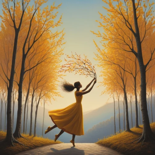 ballerina in the woods,throwing leaves,dance with canvases,autumn background,woman walking,girl with tree,dance silhouette,woman playing,woman silhouette,girl walking away,falling on leaves,yellow background,little girl in wind,world digital painting,yellow sky,little girl twirling,light of autumn,golden autumn,the autumn,silhouette dancer,Art,Artistic Painting,Artistic Painting 48