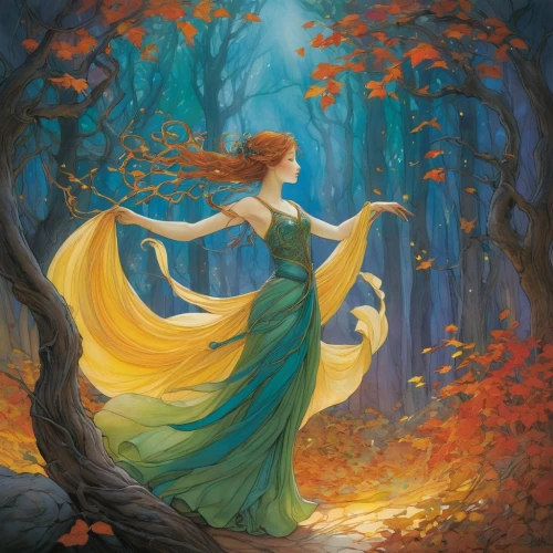 celtic woman,autumn idyll,autumn background,light of autumn,throwing leaves,ballerina in the woods,the autumn,faerie,fantasy picture,forest of dreams,falling on leaves,fae,golden autumn,merida,autumn forest,faery,enchanted forest,enchanted,fairytale,a fairy tale,Illustration,Realistic Fantasy,Realistic Fantasy 04