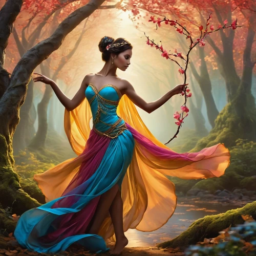 ballerina in the woods,fantasy picture,faerie,fantasy art,girl in a long dress,faery,fantasy woman,fantasy portrait,world digital painting,throwing leaves,oriental princess,mystical portrait of a girl,fairy queen,rosa 'the fairy,the enchantress,gracefulness,dancer,twirl,dryad,fantasia,Conceptual Art,Daily,Daily 04