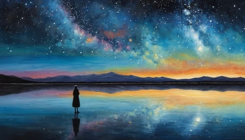 salt flat,astral traveler,universe,the universe,salt-flats,astronomy,space art,galaxy,the night sky,cosmos,celestial,astronomer,the horizon,starry sky,milkyway,night sky,astronomical,starscape,scene cosmic,oil painting on canvas,Art,Artistic Painting,Artistic Painting 49