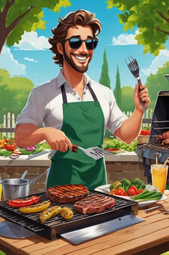 barbeque,barbeque grill,bbq,cooking book cover,men chef,barbecue,chef,food and cooking,barbecue grill,grill,grilling,game illustration,grill proof,summer bbq,grilled food,grilled,steak,carne asada,restaurants online,sheet pan,Illustration,Japanese style,Japanese Style 07