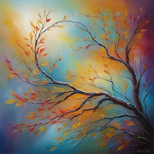 autumn tree,colorful tree of life,autumn background,autumn landscape,light of autumn,flourishing tree,autumn trees,fall landscape,painted tree,watercolor tree,the branches of the tree,orange tree,deciduous tree,autumn leaves,autumn forest,branches,oil painting on canvas,autumn light,seasonal tree,autumnal leaves,Conceptual Art,Daily,Daily 32