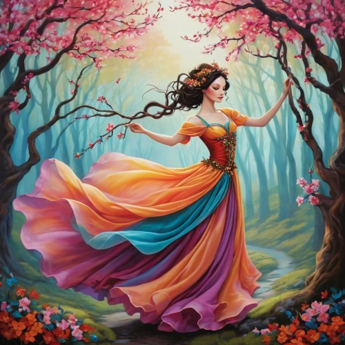 ballerina in the woods,blossoming apple tree,girl in flowers,rosa 'the fairy,fantasy picture,girl in a long dress,radha,girl with tree,jasmine blossom,fantasy art,fantasy woman,fairy tale character,faerie,springtime background,girl in the garden,rapunzel,fairy queen,way of the roses,cinderella,rosa ' the fairy,Illustration,Abstract Fantasy,Abstract Fantasy 10