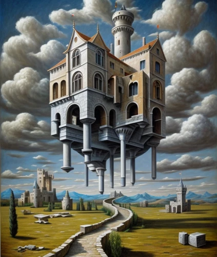 surrealism,escher,sky apartment,surrealistic,dali,stalin skyscraper,the skyscraper,skyscraper,tower of babel,panopticon,citadel,illusion,cube stilt houses,parallel worlds,skyscrapers,apartment house,skyscraper town,castles,peter-pavel's fortress,apartment building