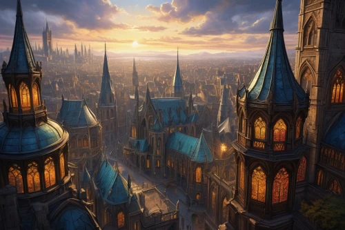 gothic architecture,hogwarts,fantasy city,spire,cityscape,beautiful buildings,city cities,hamelin,sky city,fantasy picture,cathedral,medieval architecture,castle of the corvin,medieval town,fantasy landscape,new castle,ancient city,evening city,delft,muenster,Illustration,Paper based,Paper Based 28