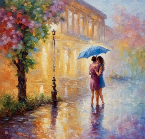 walking in the rain,oil painting on canvas,romantic scene,in the rain,oil painting,man with umbrella,umbrellas,cherry blossom in the rain,girl on the river,summer umbrella,little girl with umbrella,after the rain,art painting,romantic portrait,after rain,umbrella,rainy day,girl walking away,light rain,italian painter