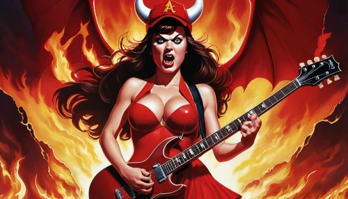 fire devil,fire siren,scarlet witch,devil,thrash metal,fire angel,lake of fire,epiphone,death angel,hot metal,heaven and hell,electric guitar,rock music,devilwood,firebird,music fantasy,maiden,angel and devil,red super hero,conflagration,Illustration,American Style,American Style 05