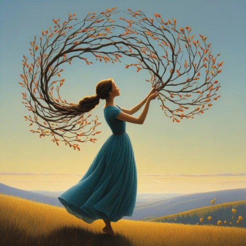 girl with tree,flourishing tree,treeing feist,the branches of the tree,mother earth,tree of life,little girl in wind,spring equinox,argan tree,woman silhouette,tree thoughtless,gracefulness,woman playing,flying seed,dryad,arms outstretched,branching,branched,the girl next to the tree,orange tree,Art,Artistic Painting,Artistic Painting 48