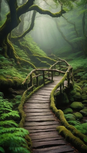 wooden path,forest path,wooden bridge,the mystical path,fairytale forest,tree top path,green forest,hiking path,fairy forest,japan landscape,winding steps,the path,pathway,forest floor,tree lined path,germany forest,enchanted forest,elven forest,path,forest landscape,Illustration,Japanese style,Japanese Style 20