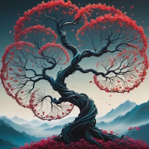 tree of life,flourishing tree,tree heart,red tree,celtic tree,the japanese tree,strawberry tree,painted tree,the branches of the tree,colorful tree of life,sacred fig,magic tree,bonsai,bodhi tree,rowan-tree,blood maple,branching,argan tree,hokka tree,the roots of trees,Illustration,Japanese style,Japanese Style 11