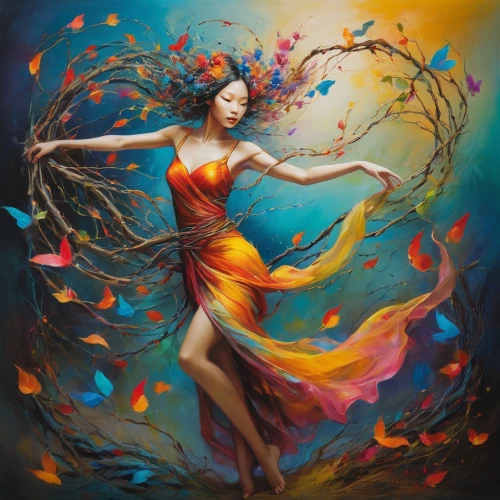 fire dancer,faerie,fantasy art,dryad,colorful tree of life,flora,firedancer,dancing flames,faery,mystical portrait of a girl,dancer,boho art,flamenco,fire dance,the enchantress,flower fairy,passion bloom,flame spirit,hula,fire artist,Conceptual Art,Graffiti Art,Graffiti Art 05