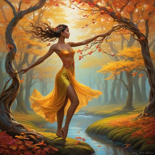 autumn background,fantasy picture,light of autumn,golden autumn,yellow leaves,ballerina in the woods,girl with tree,autumn idyll,autumn landscape,fantasy art,the autumn,autumn theme,faerie,autumn leaves,world digital painting,yellow orange,falling on leaves,yellow leaf,yellow petal,autumn sun,Conceptual Art,Daily,Daily 04