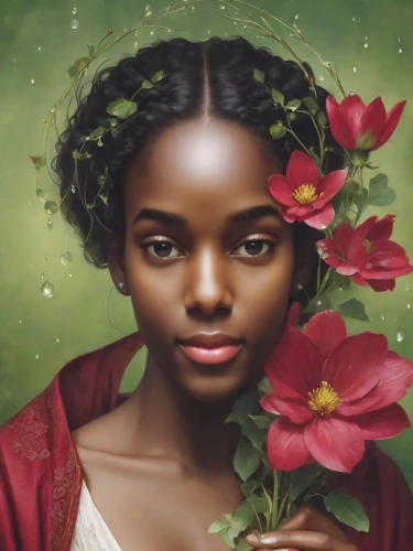 fantasy portrait,tiana,girl in a wreath,mystical portrait of a girl,oil painting on canvas,african woman,african american woman,romantic portrait,girl in flowers,beautiful african american women,digital painting,nigeria woman,oil painting,flora,portrait of a girl,oil on canvas,rosa 'the fairy,flower girl,world digital painting,mother nature,Photography,Cinematic