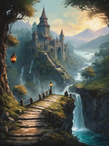 fantasy landscape,fantasy picture,fantasy art,fantasy world,fairy tale castle,3d fantasy,heroic fantasy,castle of the corvin,jrr tolkien,children's fairy tale,knight's castle,magical adventure,hogwarts,fairy tale,elves flight,fantasy city,fairytale castle,world digital painting,mountain settlement,a fairy tale,Illustration,Paper based,Paper Based 20