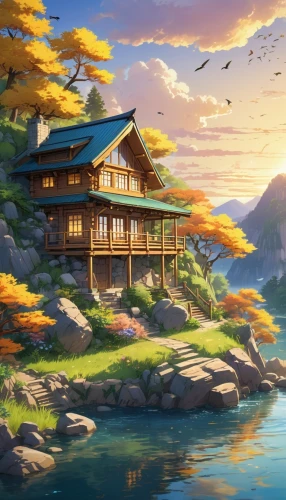 house by the water,house with lake,summer cottage,landscape background,golden pavilion,house in mountains,ginkaku-ji,fisherman's house,home landscape,tsukemono,house in the mountains,autumn background,the golden pavilion,japan landscape,cottage,houseboat,studio ghibli,autumn scenery,autumn landscape,wooden house,Illustration,Japanese style,Japanese Style 03