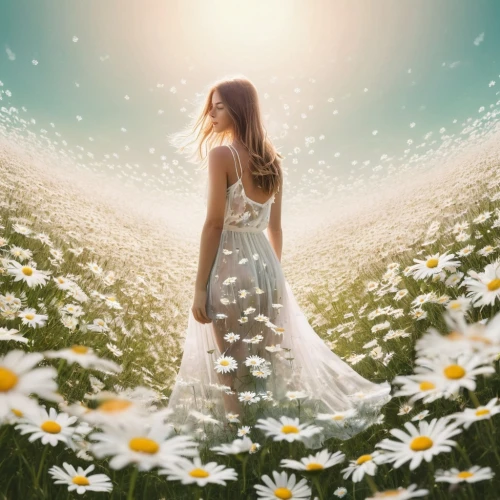 girl in flowers,sun bride,flower fairy,oxeye daisy,spring equinox,meadow daisy,flower background,daisies,flower girl,flowers celestial,field of flowers,beautiful girl with flowers,mayweed,faerie,white daisies,girl in a long dress,celtic woman,faery,mystical portrait of a girl,spring background,Photography,Artistic Photography,Artistic Photography 07