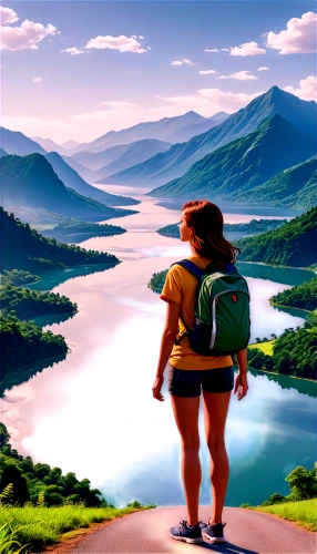 travelers,backpacking,traveler,hiker,landscape background,wander,travel woman,journey,trekking,wanderlust,explore,studio ghibli,adventure,world digital painting,mountain hiking,backpacker,hiking,travel poster,hike,world travel,Illustration,Japanese style,Japanese Style 07