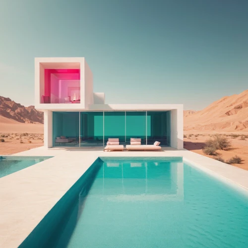 dunes house,pool house,cubic house,pink squares,modern architecture,cube house,infinity swimming pool,luxury property,modern house,futuristic architecture,mirror house,cube stilt houses,summer house,holiday villa,futuristic landscape,mid century house,beach house,private house,beautiful home,inverted cottage