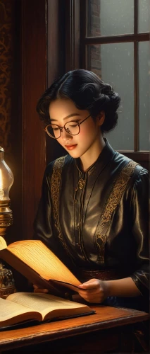 girl studying,librarian,scholar,sci fiction illustration,reading glasses,chiffonier,reading magnifying glass,clockmaker,tutor,night administrator,mystical portrait of a girl,correspondence courses,parchment,watchmaker,candlemaker,the gramophone,binding contract,writing-book,meticulous painting,women's novels,Illustration,Japanese style,Japanese Style 21