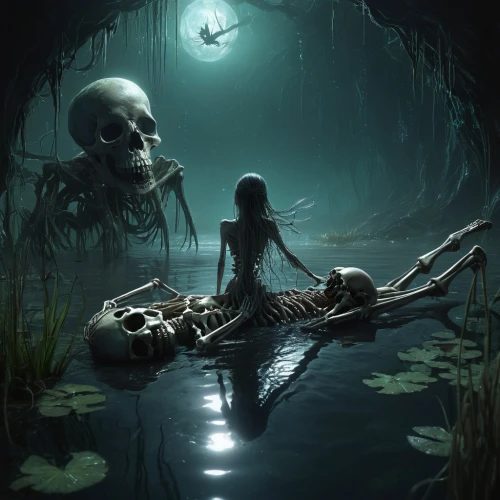 skull rowing,fantasy picture,bayou,backwater,dance of death,life after death,dark art,underground lake,water nymph,the night of kupala,rusalka,narcissus,scull,skeleton key,adrift,sunken,fantasy art,mirror of souls,skeletons,sunken boat,Illustration,Realistic Fantasy,Realistic Fantasy 47