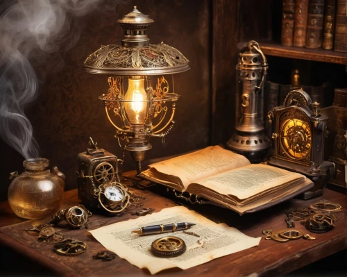 apothecary,potions,clockmaker,divination,candlemaker,magic grimoire,watchmaker,oil lamp,antiquariat,book antique,spell,magic book,alchemy,writing accessories,antique background,tinsmith,debt spell,treasure chest,steampunk,trinkets,Conceptual Art,Oil color,Oil Color 21