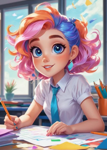 girl studying,kids illustration,girl drawing,tutor,illustrator,table artist,digital painting,artist portrait,study,rainbow pencil background,tutoring,teacher,painting technique,world digital painting,classroom,girl portrait,art academy,pastel paper,cg artwork,caricaturist,Illustration,Realistic Fantasy,Realistic Fantasy 20