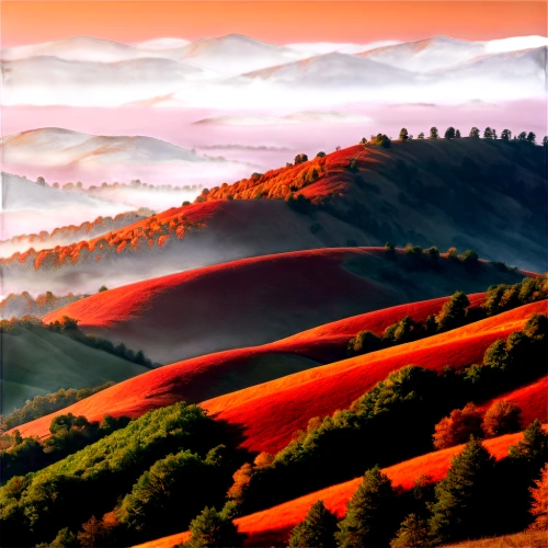 landscape red,rolling hills,autumn mountains,hills,mountainous landscape,landscape background,mountain landscape,ravine red romania,hillside,mountain slope,vosges-rose,tuscany,autumn landscape,panoramic landscape,beech mountains,mountain scene,tuscan,hillsides,panoramical,high landscape,Illustration,American Style,American Style 11