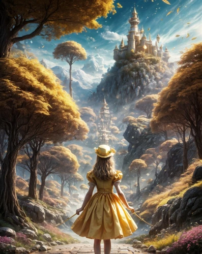 alice in wonderland,violet evergarden,fantasy picture,wonderland,alice,fantasy world,studio ghibli,dream world,children's fairy tale,fairy world,fantasy landscape,little girl in wind,magical adventure,yellow garden,fairy tale character,fairy tale,fantasy art,3d fantasy,mushroom landscape,children's background