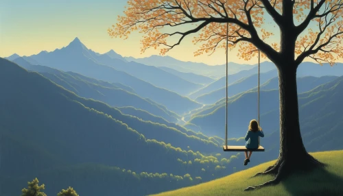 tree with swing,tree swing,hanging swing,empty swing,wooden swing,tightrope,rope swing,trekking pole,tightrope walker,zipline,hanged,travel poster,sound of music,girl with tree,golden swing,slacklining,tree top,swing,perched on a wire,isolated tree,Art,Artistic Painting,Artistic Painting 48