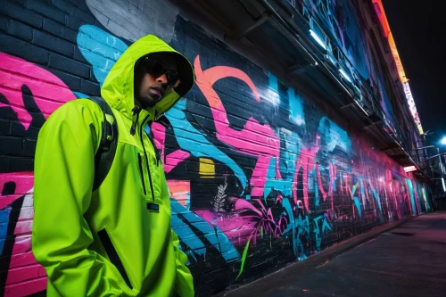 high-visibility clothing,neon colors,neon,neon lights,neon light,neon ghosts,neon body painting,hooded man,light paint,windbreaker,alleyway,neon arrows,hooded,hoodie,novelist,light graffiti,highlighter,graffiti,alley,streets,Conceptual Art,Fantasy,Fantasy 20