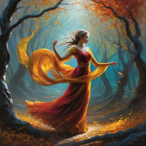 autumn background,autumn theme,ballerina in the woods,fantasy picture,pumpkin autumn,falling on leaves,light of autumn,the autumn,woman playing,autumn forest,fantasia,sorceress,golden autumn,throwing leaves,autumn idyll,autumn landscape,autumn icon,danse macabre,dancing flames,fantasy woman,Conceptual Art,Fantasy,Fantasy 12