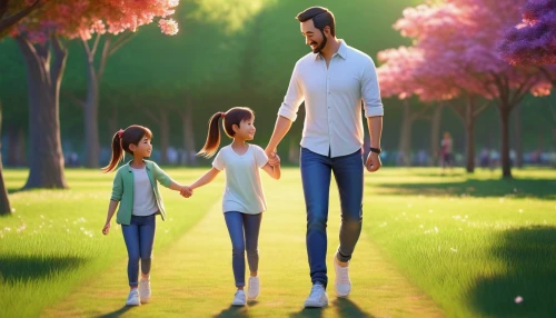 lily family,walk with the children,girl and boy outdoor,walk in a park,rose family,harmonious family,david-lily,pink family,magnolia family,happy family,birch family,horsetail family,chidori is the cherry blossoms,little girls walking,grass family,animated cartoon,children's background,cute cartoon image,pine family,mother and father,Illustration,Japanese style,Japanese Style 21