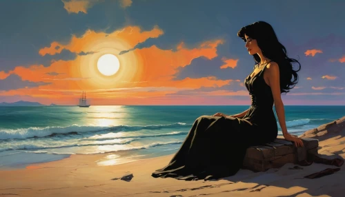 girl on the dune,moana,mulan,girl in a long dress,sun and sea,beach background,fantasy picture,world digital painting,jasmine,silhouette art,the wind from the sea,the endless sea,summer evening,the horizon,beach scenery,sun moon,mermaid silhouette,setting sun,sunset,by the sea,Conceptual Art,Oil color,Oil Color 04