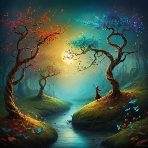 fantasy picture,fairy forest,colorful tree of life,magic tree,enchanted forest,fantasy landscape,fairy world,fantasy art,forest of dreams,tree of life,world digital painting,fairytale forest,flourishing tree,children's background,faerie,fairies aloft,celtic tree,elven forest,faery,tree grove,Illustration,Abstract Fantasy,Abstract Fantasy 01