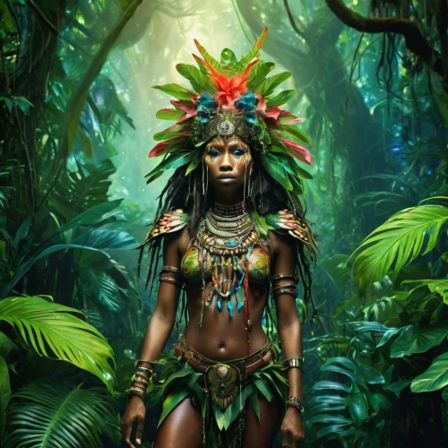 polynesian girl,polynesian,warrior woman,african woman,headdress,african american woman,pachamama,mother earth,papuan,tribal chief,shamanic,mother nature,polynesia,aborigine,tribal,cameroon,amazonian oils,dominica,african art,african culture,Illustration,Realistic Fantasy,Realistic Fantasy 37