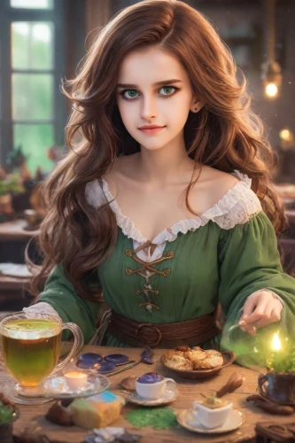 celtic woman,woman drinking coffee,tea party,tea,herb tea,pouring tea,fairy tale character,lucky tea,tea drinking,barmaid,candlemaker,tea zen,tea party collection,merida,tea and books,jasmine tea,celtic queen,fantasy picture,fae,fantasy portrait,Photography,Realistic