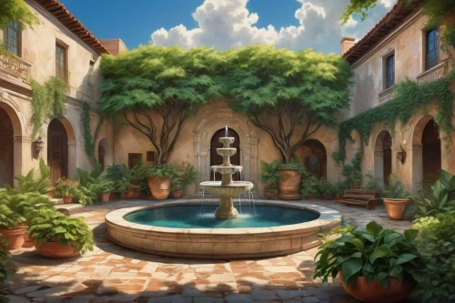 village fountain,stone fountain,water fountain,fountain,decorative fountains,old fountain,august fountain,city fountain,spa water fountain,fountains,courtyard,wishing well,hacienda,oasis,aqua studio,fountain pond,moor fountain,floor fountain,maximilian fountain,garden of the fountain,Illustration,Realistic Fantasy,Realistic Fantasy 21