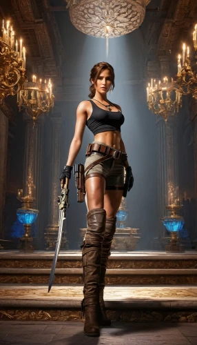 lara,croft,massively multiplayer online role-playing game,huntress,female warrior,femme fatale,girl with gun,swordswoman,mercenary,woman holding gun,girl with a gun,hard woman,barbarian,athena,background ivy,shooter game,scabbard,artemisia,visual effect lighting,game character