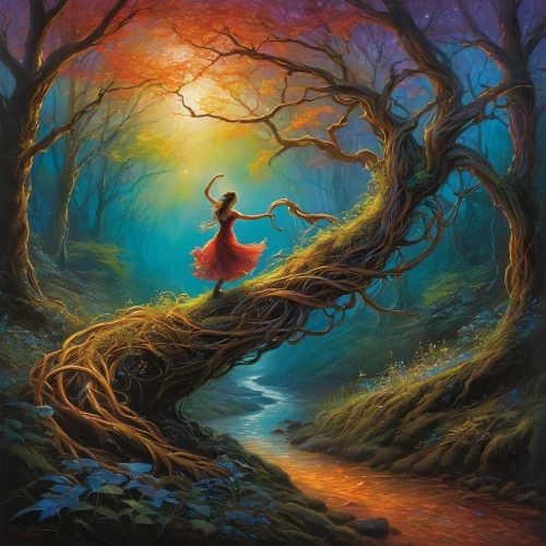 ballerina in the woods,girl with tree,fantasy picture,forest of dreams,enchanted forest,the mystical path,fairy forest,fae,fantasia,faerie,magic tree,a fairy tale,forest path,fairy tale,oil painting on canvas,children's fairy tale,red riding hood,enchanted,fantasy art,fairies aloft,Illustration,Realistic Fantasy,Realistic Fantasy 32