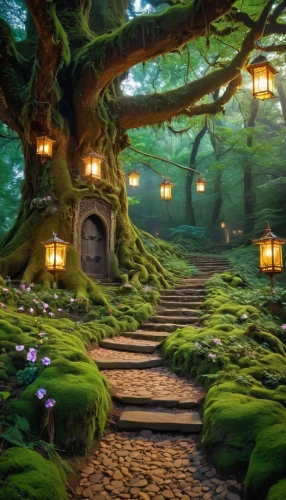 fairytale forest,fairy forest,forest path,enchanted forest,fairy village,elven forest,fantasy picture,the mystical path,hobbiton,fantasy landscape,pathway,wooden path,druid grove,tree top path,fairy world,forest glade,tree house,tree lined path,fairy door,cartoon video game background,Photography,General,Realistic