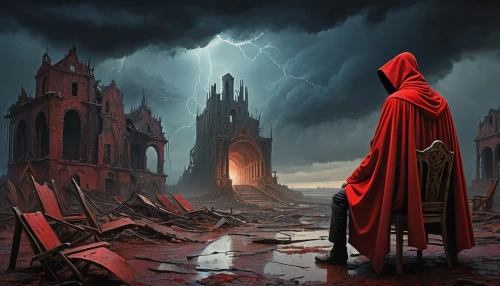 red cape,hooded man,red coat,necropolis,cloak,hall of the fallen,pall-bearer,scythe,dodge warlock,sci fiction illustration,magistrate,blood church,man in red dress,dracula,archimandrite,spawn,pilgrimage,clergy,monks,magus,Conceptual Art,Oil color,Oil Color 09