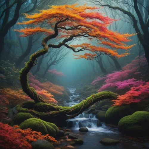 fairy forest,fairytale forest,autumn forest,fantasy landscape,colorful tree of life,forest landscape,enchanted forest,fantasy picture,elven forest,forest of dreams,fairy world,japan landscape,autumn in japan,splendid colors,fallen colorful,forest floor,forest glade,foggy forest,magic tree,germany forest,Illustration,Japanese style,Japanese Style 11