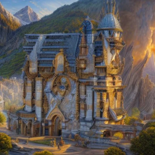 fairy tale castle,fantasy landscape,mountain settlement,castle of the corvin,gold castle,castel,fantasy picture,fairytale castle,hogwarts,northrend,castelul peles,heroic fantasy,peter-pavel's fortress,fantasy city,ruined castle,ghost castle,medieval architecture,knight's castle,alpine village,fantasy art,Realistic,Foods,None