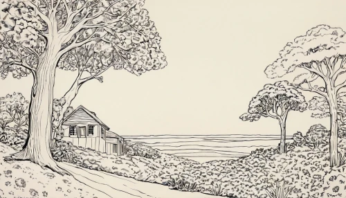 pen drawing,home landscape,rural landscape,small landscape,cottages,cottage,hand-drawn illustration,farm landscape,landscape,vintage drawing,tusche indian ink,la perouse,brook landscape,chalk cliff,an island far away landscape,towards the garden,line drawing,tree lined lane,hillsides,forest road,Illustration,Retro,Retro 21