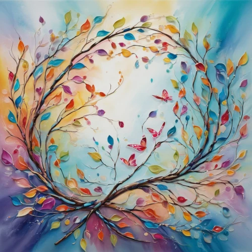 watercolor tree,colorful tree of life,watercolor wreath,watercolor background,watercolor leaves,spring leaf background,flourishing tree,watercolor paint strokes,watercolor painting,autumn background,painted tree,flower painting,boho art,watercolor floral background,colorful background,art painting,autumn tree,watercolor paint,circle around tree,the branches of the tree,Illustration,Abstract Fantasy,Abstract Fantasy 13