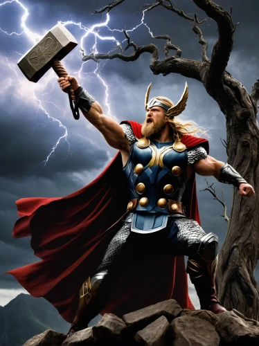 god of thunder,thor,cleanup,norse,biblical narrative characters,digital compositing,dane axe,sparta,litecoin,heroic fantasy,a hammer,aaa,anvil,thunderbolt,valhalla,thorin,king david,viking,zeus,splitting maul,Art,Classical Oil Painting,Classical Oil Painting 03