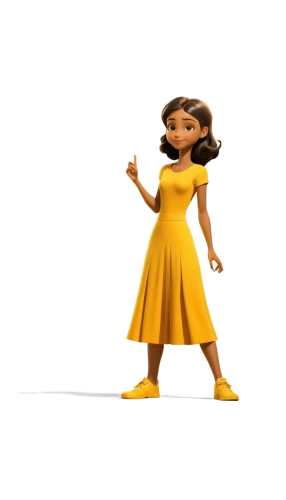 tiana,hula,agnes,moana,sprint woman,twirl,little girl twirling,yellow jumpsuit,disney character,she,bjork,queen bee,animated cartoon,a girl in a dress,character animation,rockabella,cgi,jasmine,lady pointing,3d figure,Unique,Design,Character Design