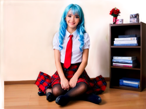 tartan background,school uniform,anime japanese clothing,schoolgirl,school skirt,tartan colors,tartan,blue hair,anime girl,school clothes,cosplay image,blue checkered,cute tie,knee-high socks,blue background,anime 3d,photographic background,anime,blur office background,plaid,Photography,Documentary Photography,Documentary Photography 32